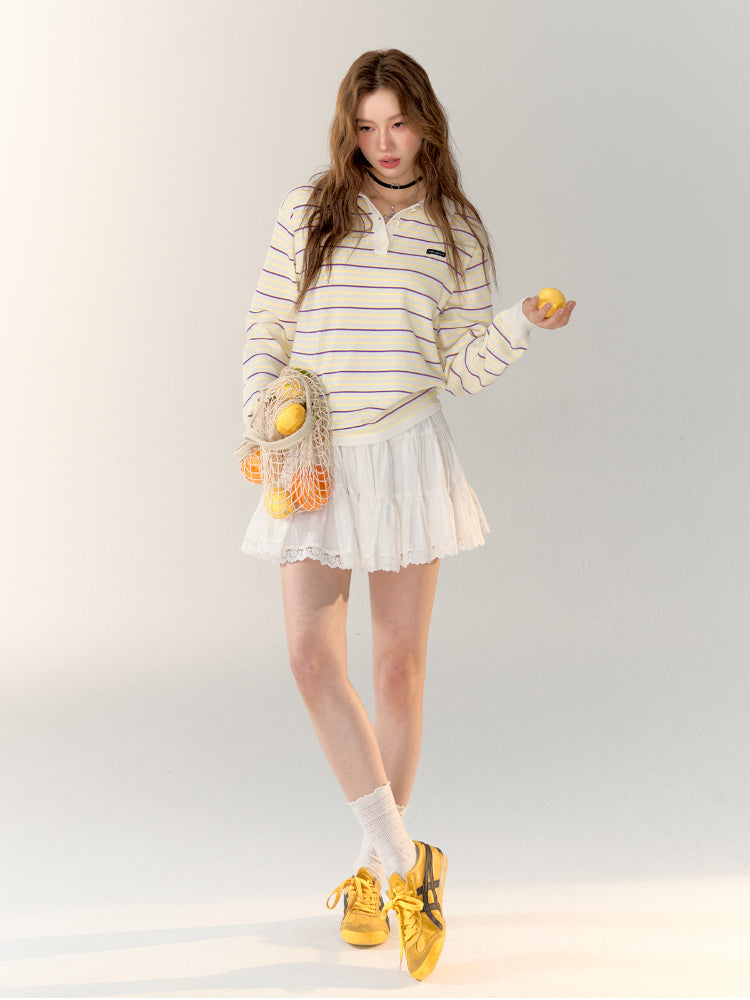 Color-block Striped Knit Polo Top - CHINASQUAD