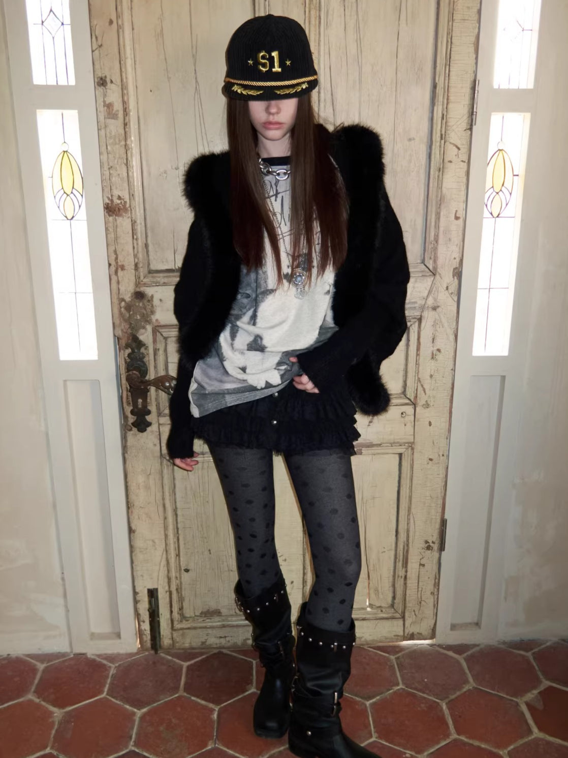 Vintage Mohair-Blend Fur-Trim Knit Cardigan