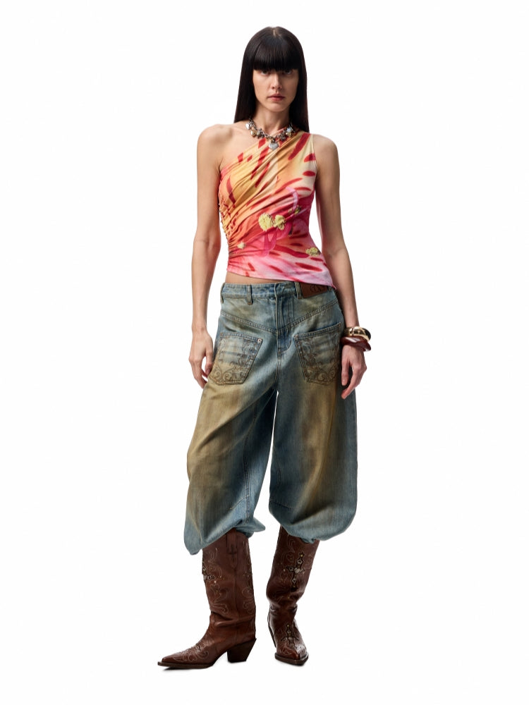 Slanted Shoulder Wrinkle-Printed Floral Vest - CHINASQUAD