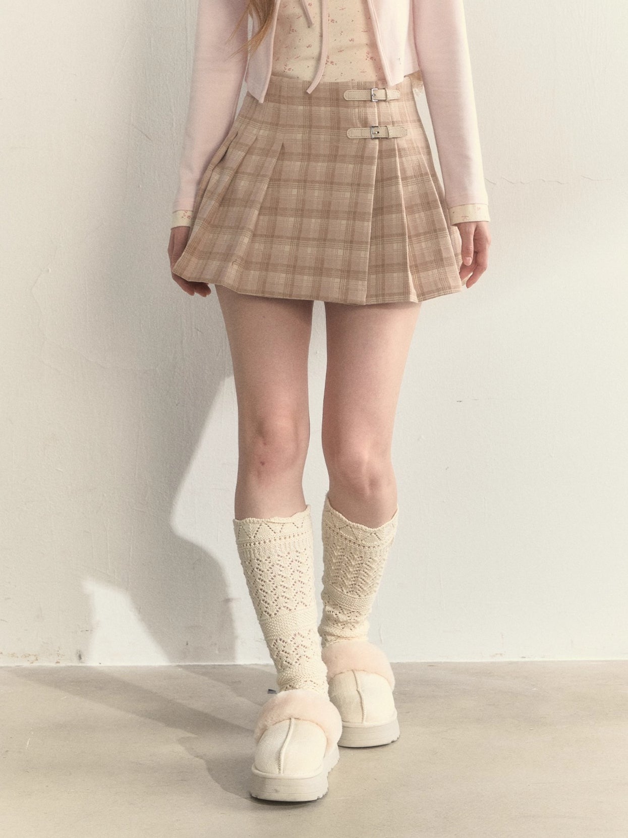 Vintage Plaid Wool Leather Buckle Pleated Skirt