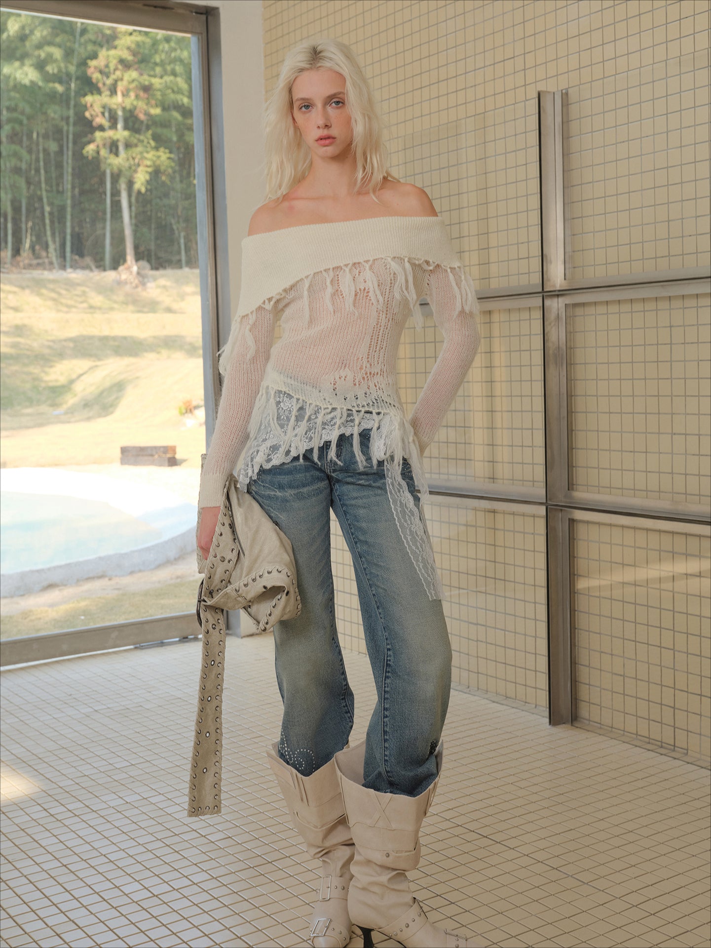 Off-Shoulder Mohair Fringe Top - CHINASQUAD