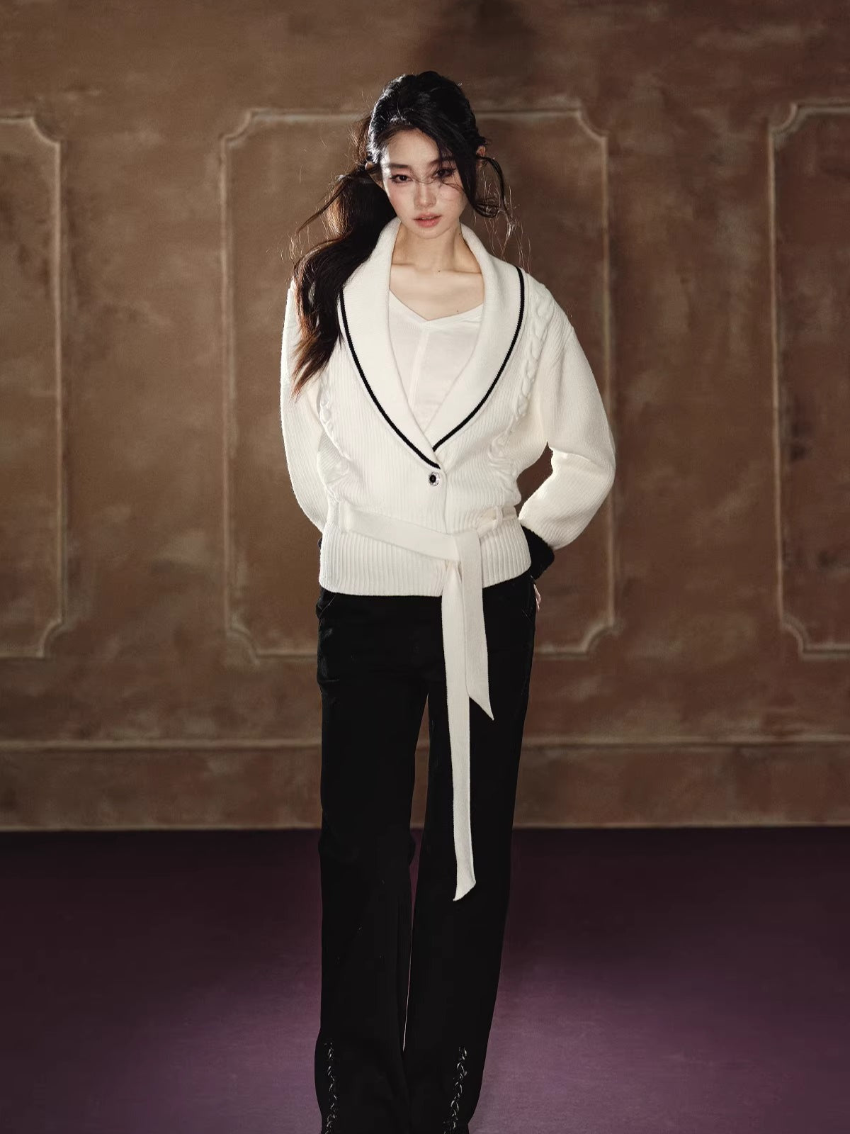 Oversized Contrast V-Neck Tie-Waist Knit Sweater