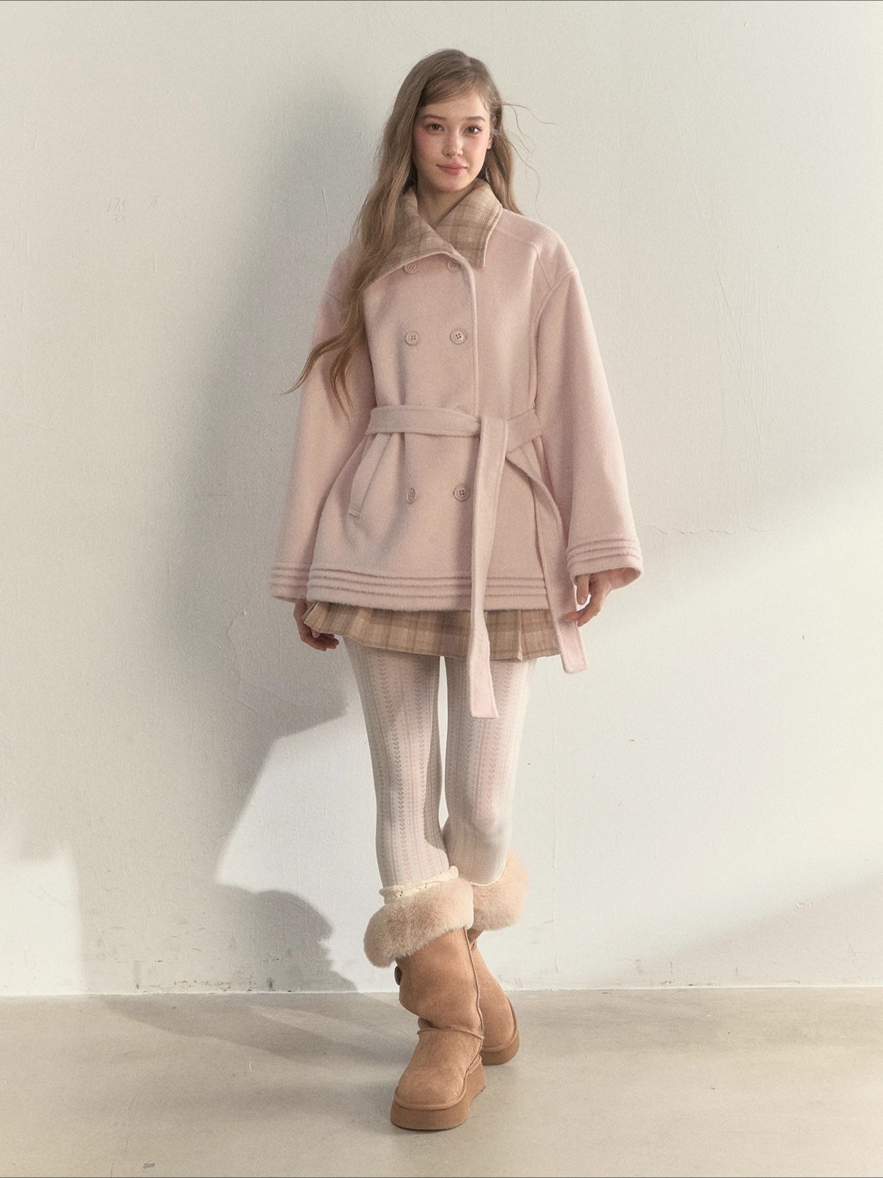 Khaki & Misty Pink Plaid Collar & Belt Wool Coat