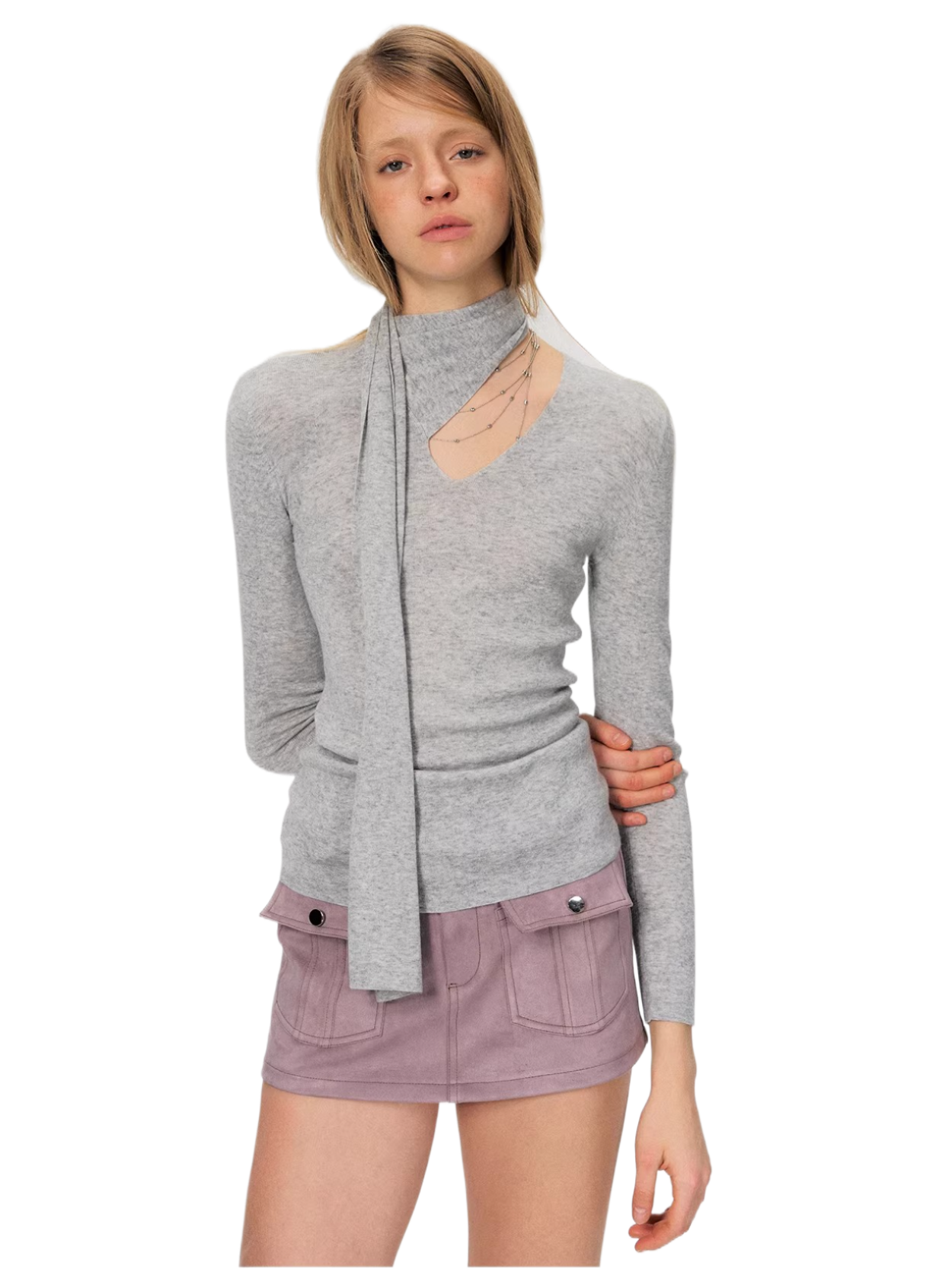 Fine Wool Blend Scarf-Neck Slim Fit Knit Top