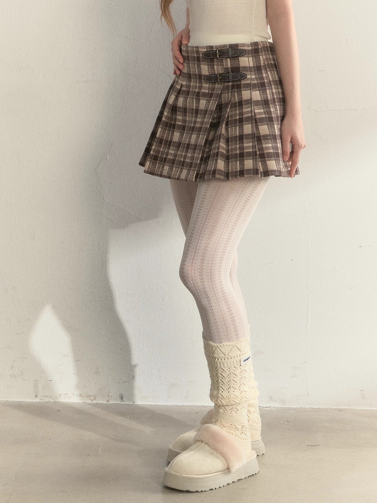 Vintage Plaid Wool Leather Buckle Pleated Skirt