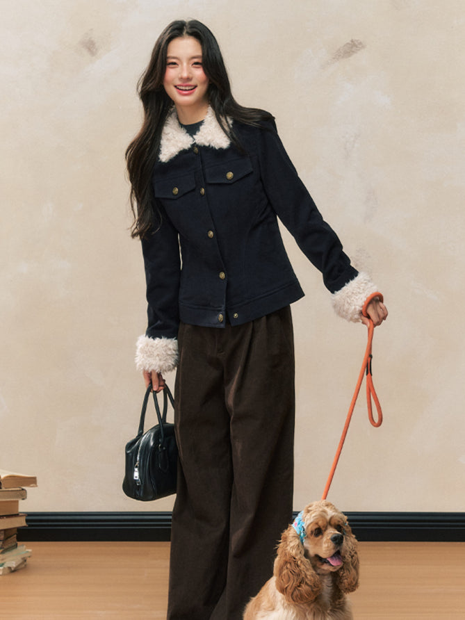Navy Blue Fur-Collar Short Jacket - CHINASQUAD