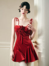 Classic Red Velvet Handcrafted Floral Velvet Dress - CHINASQUAD