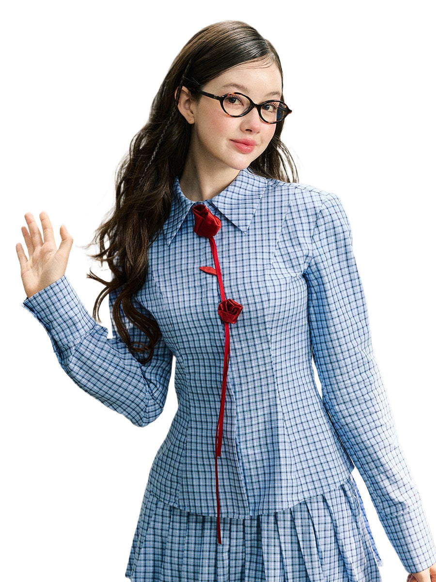 Red Rose & Navy Blue Rose Checkered Shirt - CHINASQUAD