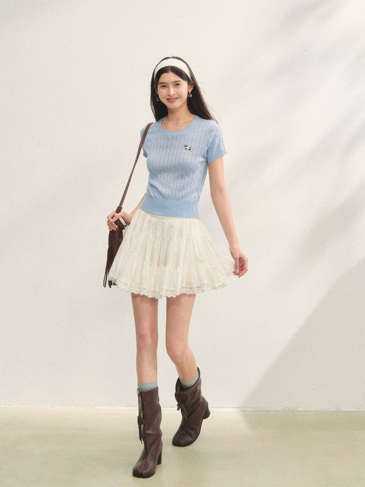 Puppy Embroidered Regular-shoulder Twist Knit T-shirt - CHINASQUAD