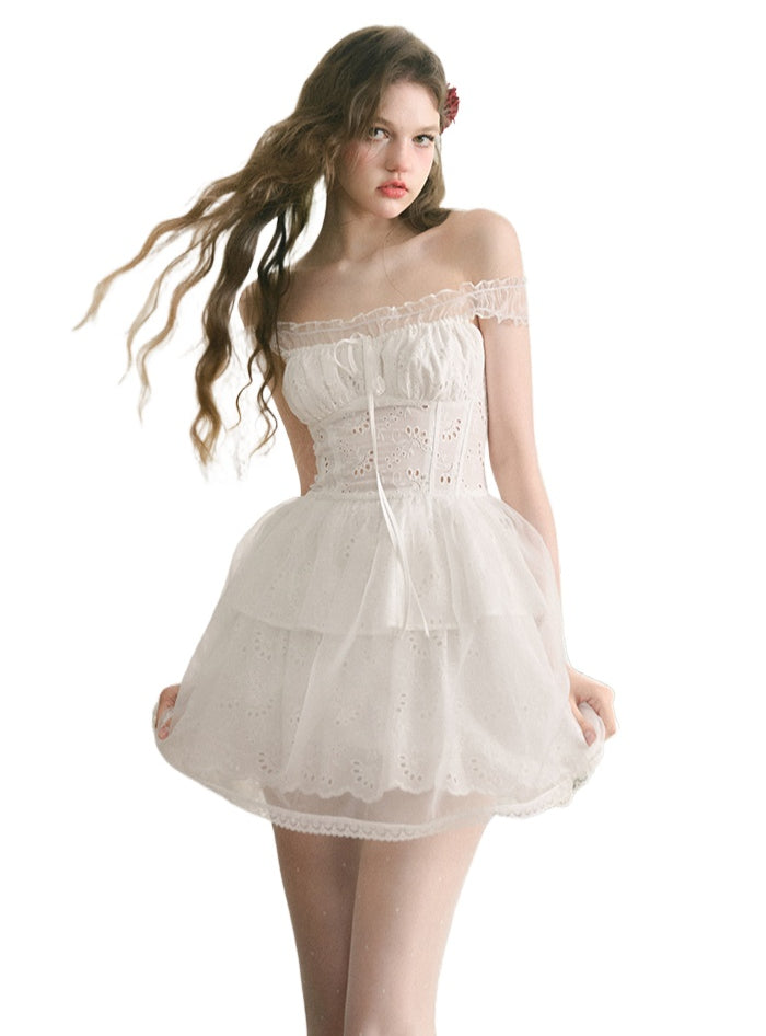 White Embroidered Puff Dress - CHINASQUAD