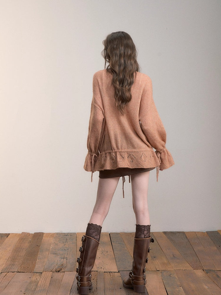 Drawstring Openwork Wool Knit Cardigan