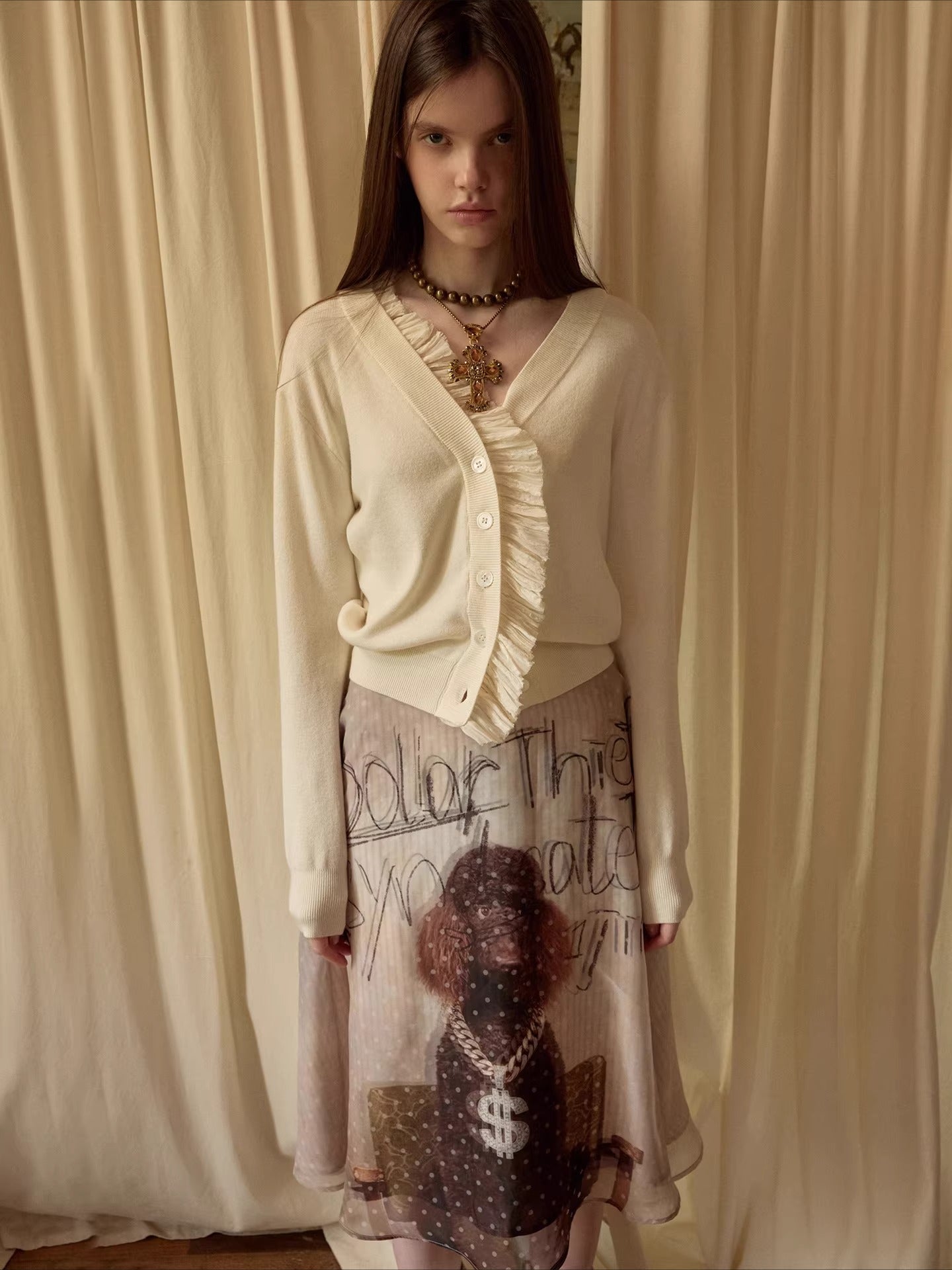 Ruched Trim Acetate-Blend Knit Cardigan