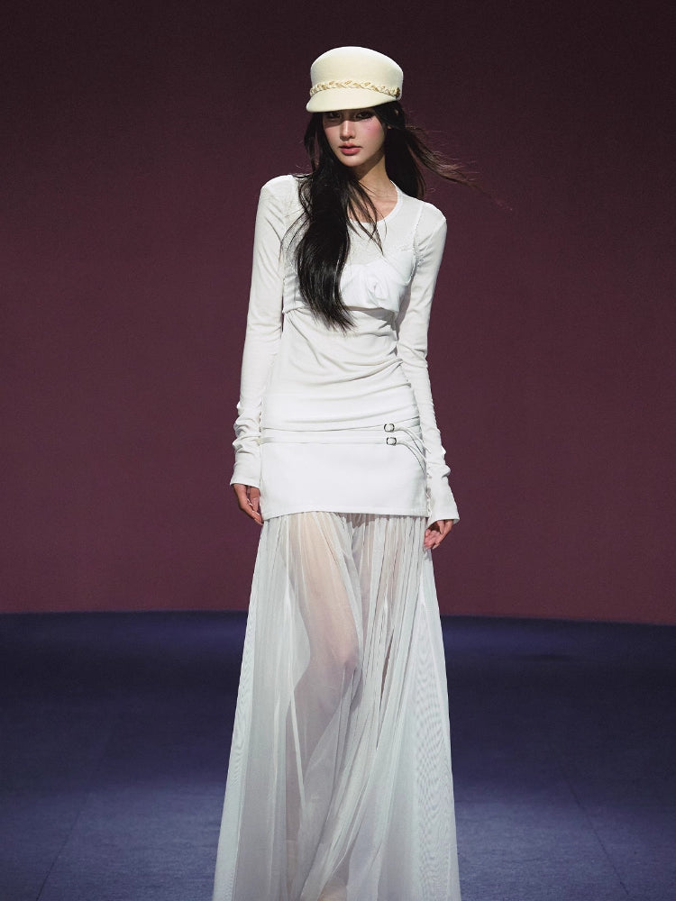 Lyocell Fake Two-piece Sheer Blouse & Skirt Set