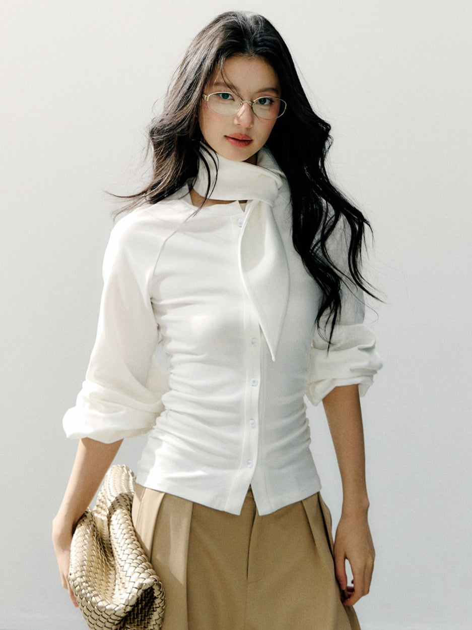 Scarf Collar Fitted Knit Long Sleeve Shirt