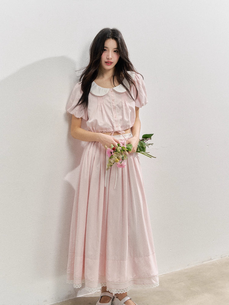 Pink Doll Collar Cropped Shirt & Skirt Set - CHINASQUAD