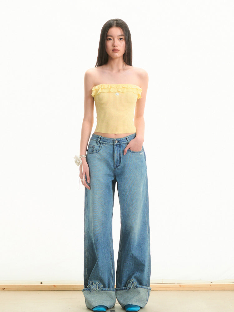 Transparent Rhinestone Straight-Leg Jeans - CHINASQUAD
