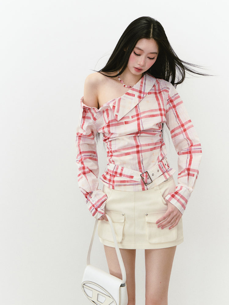 Off-Shoulder Pleated Waist Belt Short Shirt - CHINASQUAD