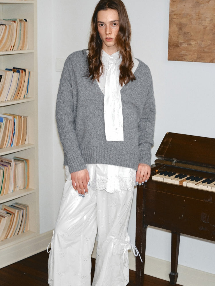 Suede V-neck Loose Sweater - CHINASQUAD
