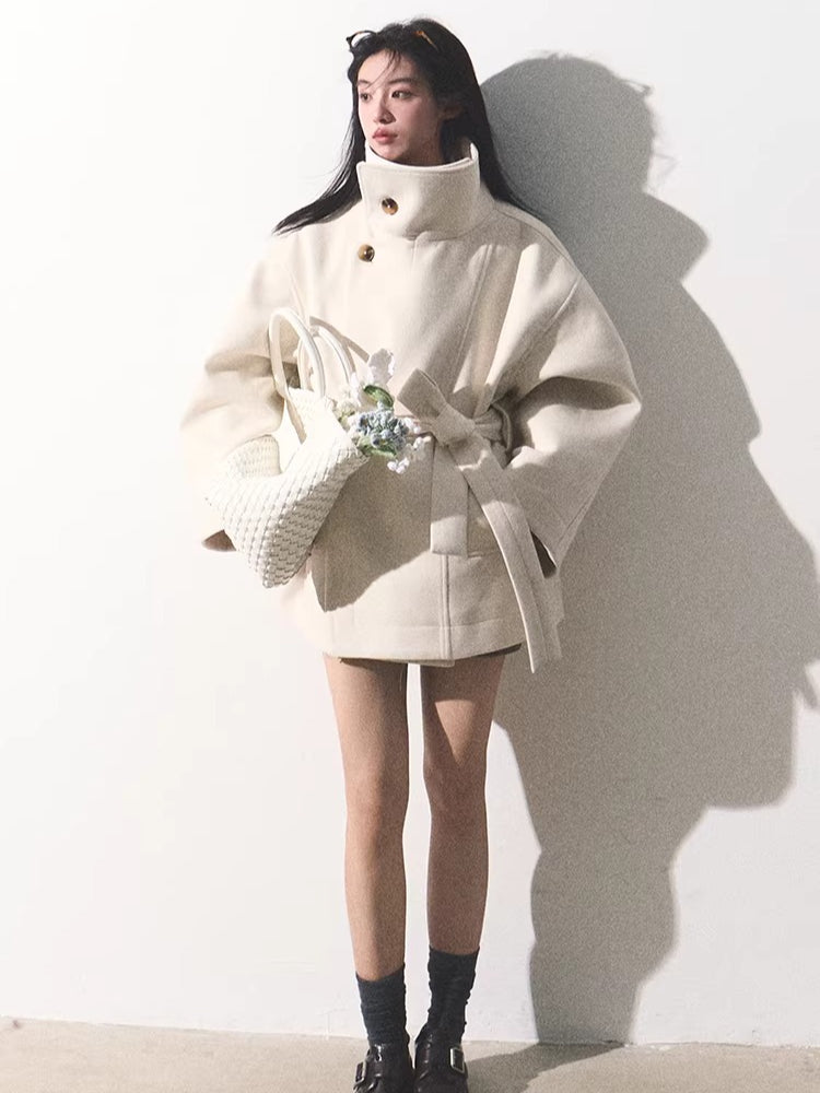 Stand-Collar Wool Short Coat