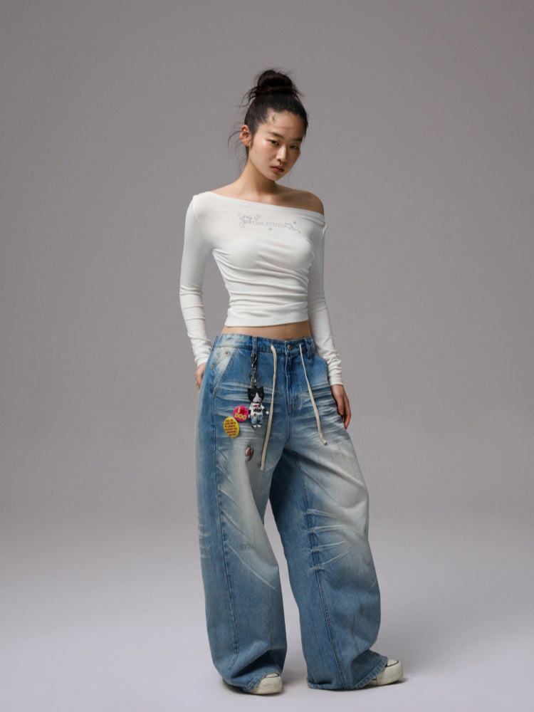 Rhinestone One-Shoulder Long-Sleeve T-Shirt - CHINASQUAD