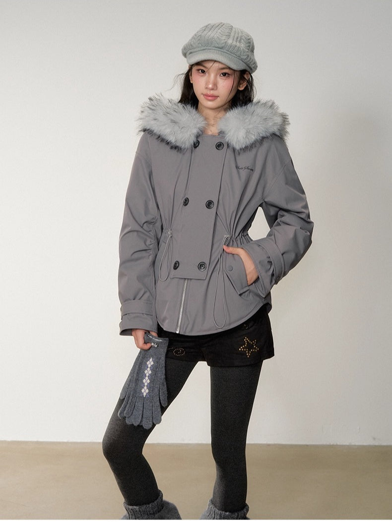 Faux Fur Collar Double-Breasted Down Parka Jacket - CHINASQUAD