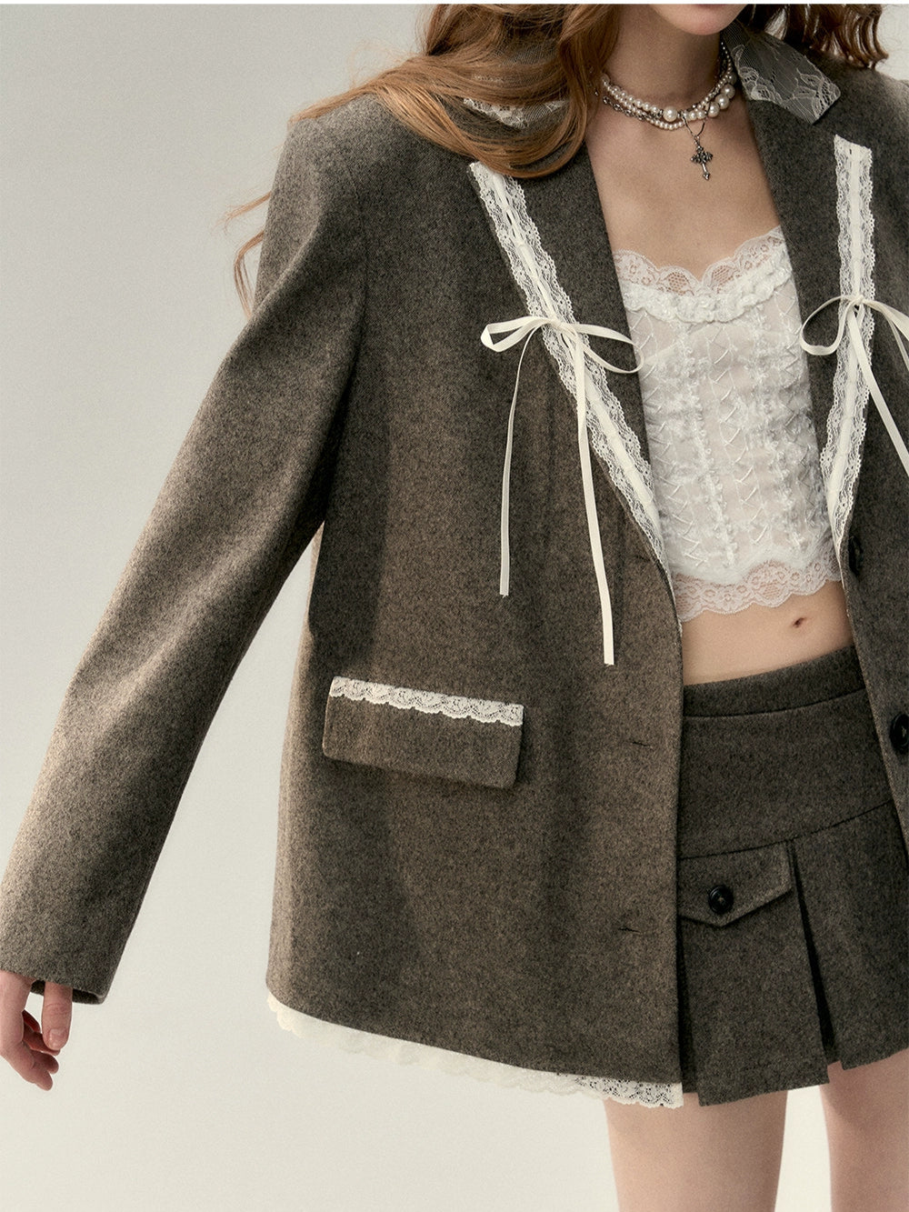 Taupe Lace Wool Blazer - CHINASQUAD