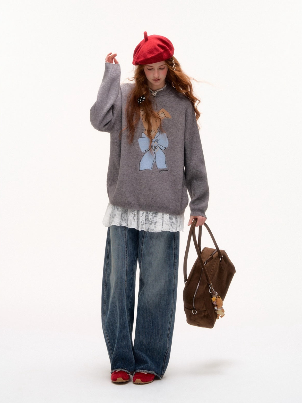 Bow-Knot Puppy Jacquard Pullover Crewneck - CHINASQUAD