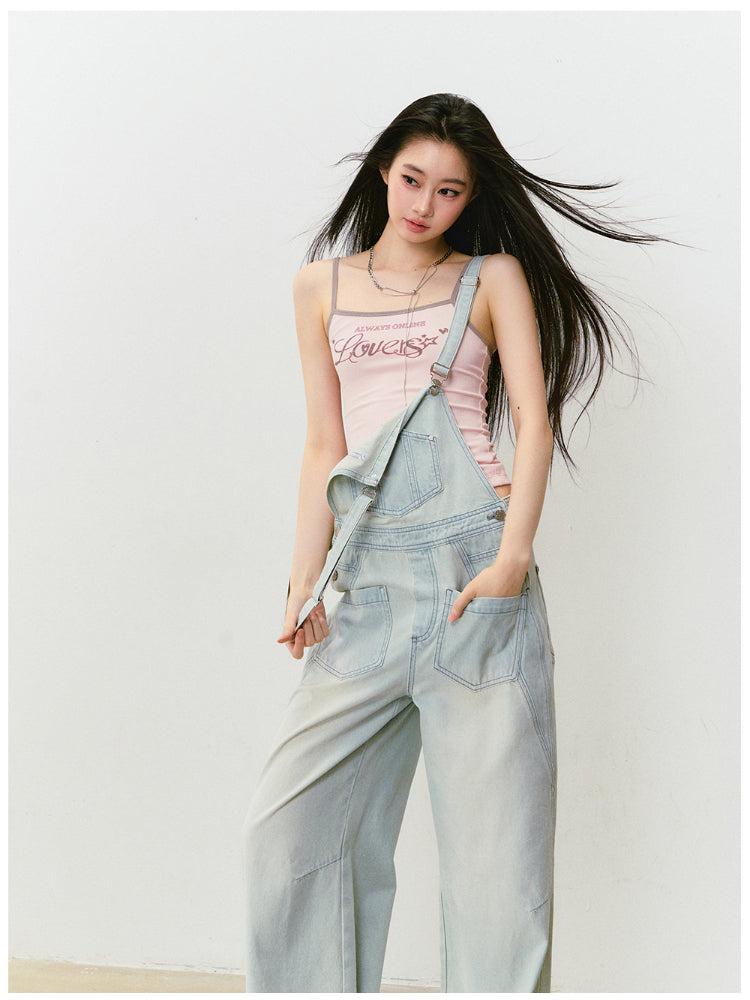 Washed Light Blue Denim Overalls - CHINASQUAD