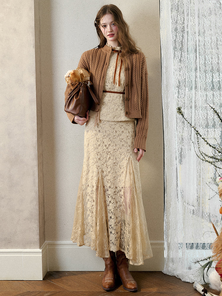 Brown Fuzzy Lace Shirt Dress - CHINASQUAD