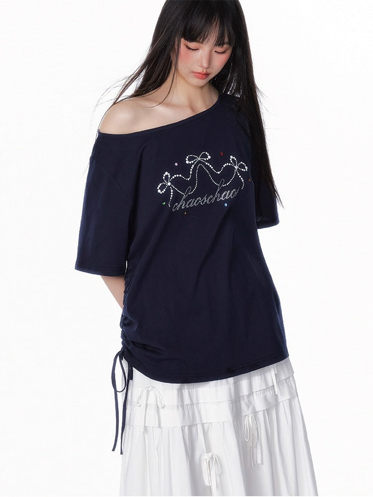 Asymmetric Bow & Pearl Off-Shoulder T-Shirt