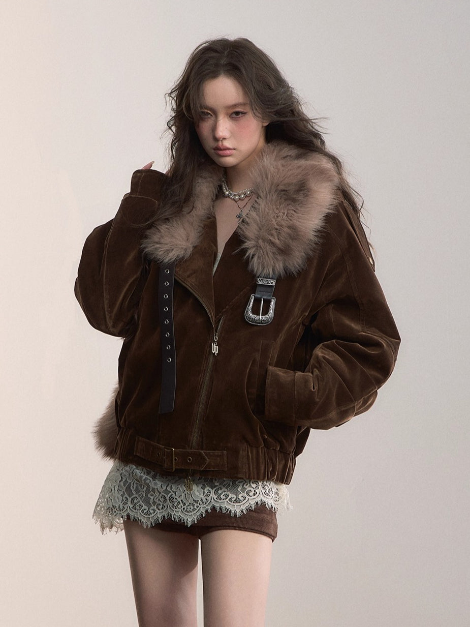 Belt Detail Retro Corduroy Down Jacket - CHINASQUAD