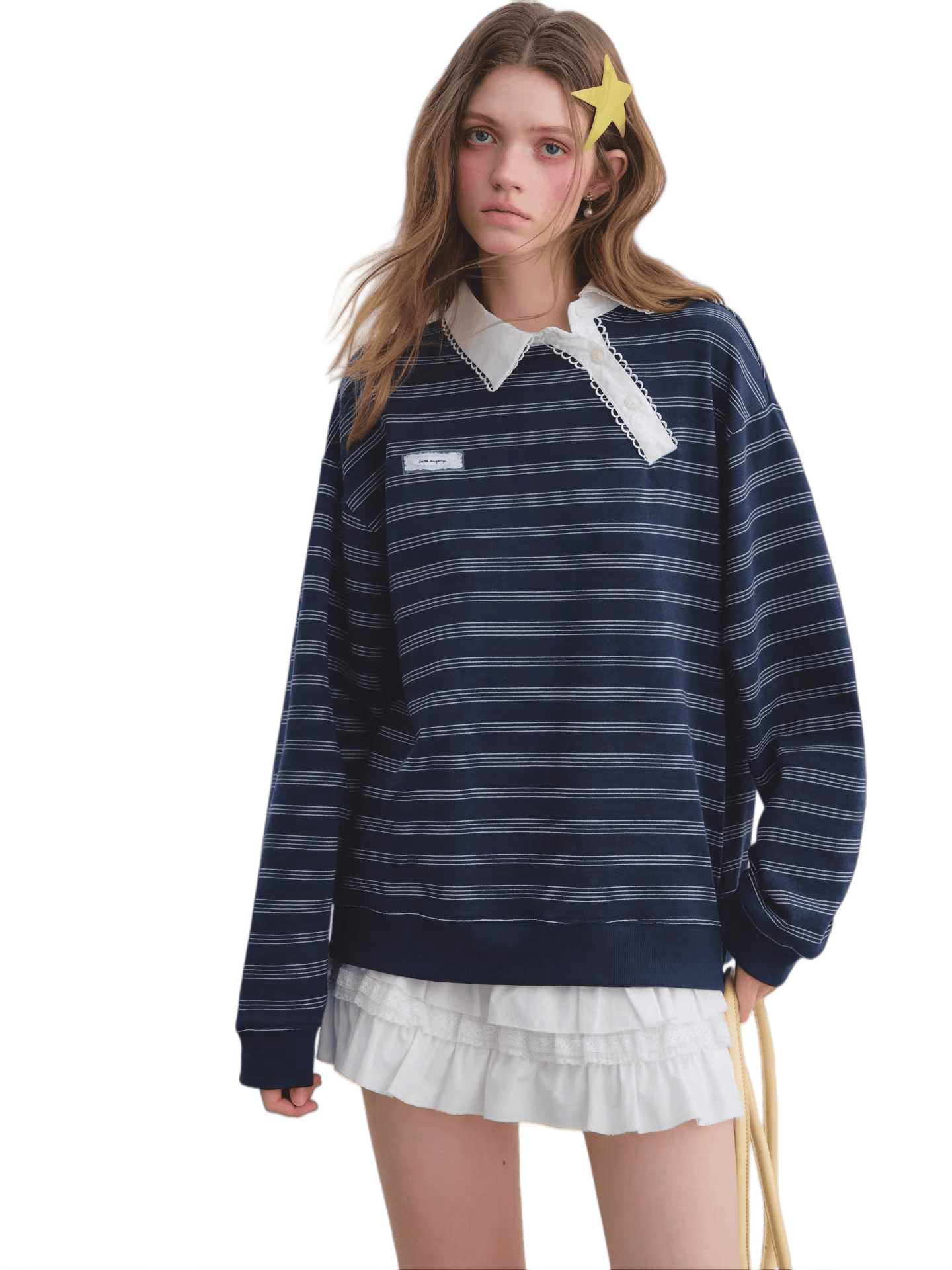 Placket Ruffle Collar Striped Sweatshirt