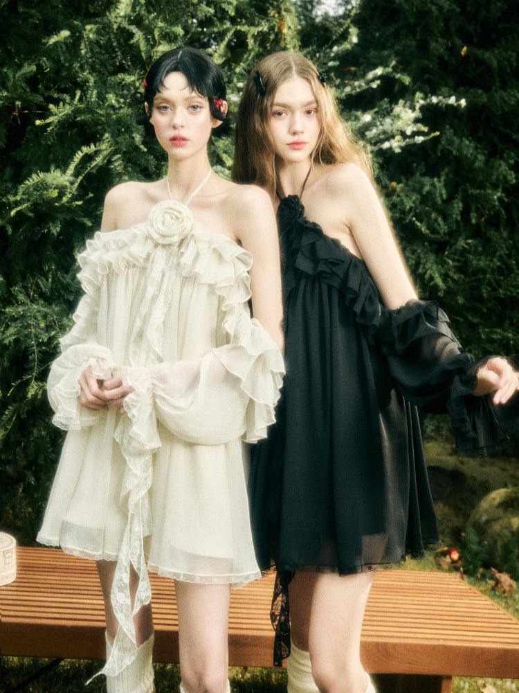 Halter Neck Off-Shoulder Ribbon Dress - CHINASQUAD