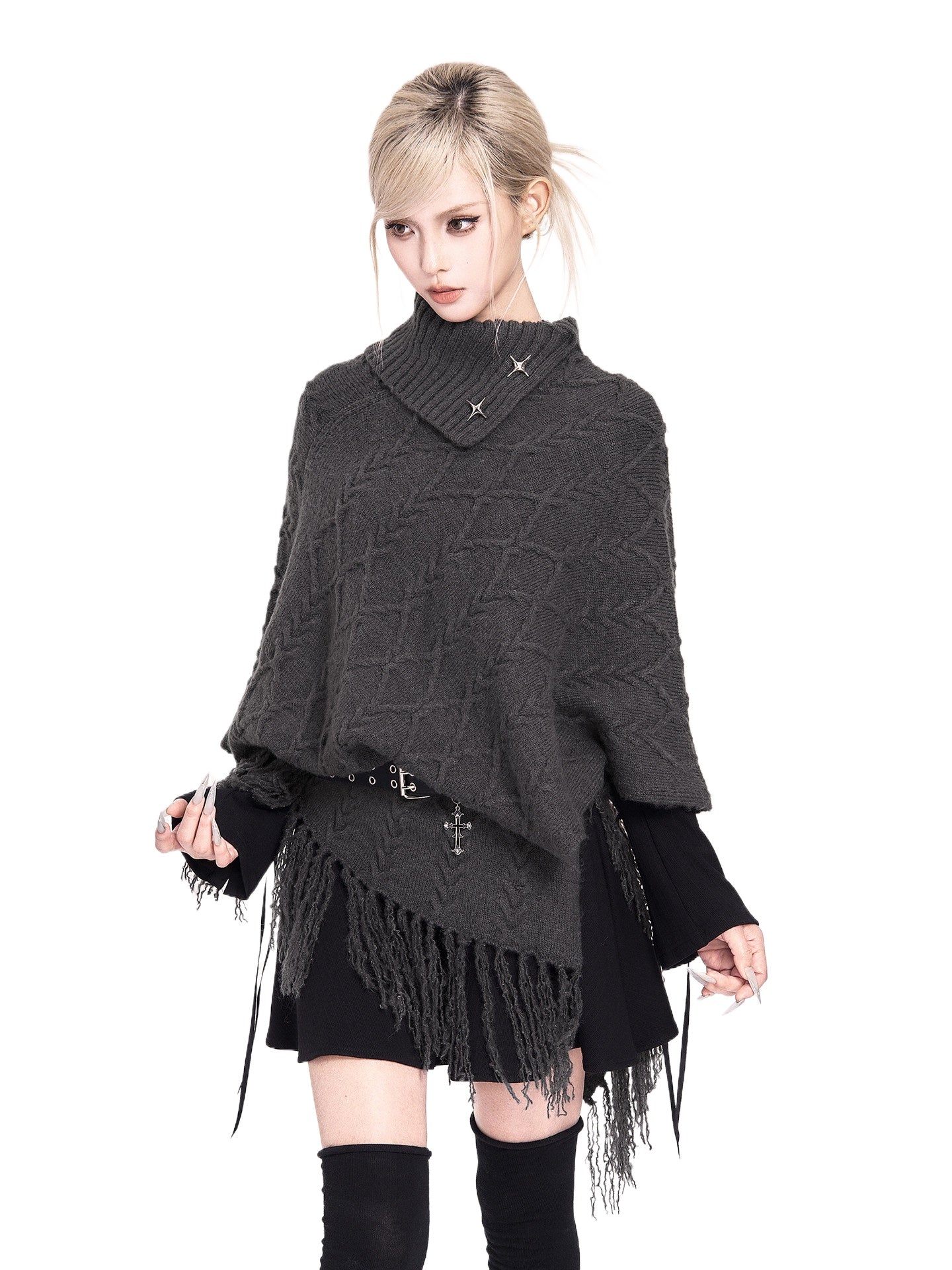 Asymmetric Turtleneck Knit Cape