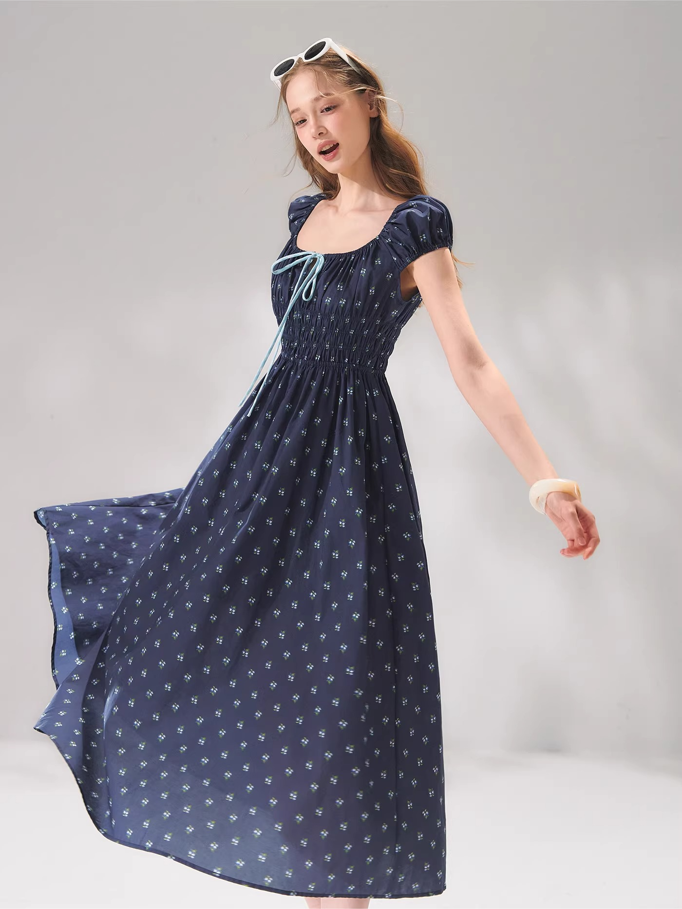 French Floral Tie-Waist Square Neck Puff Sleeve Dress