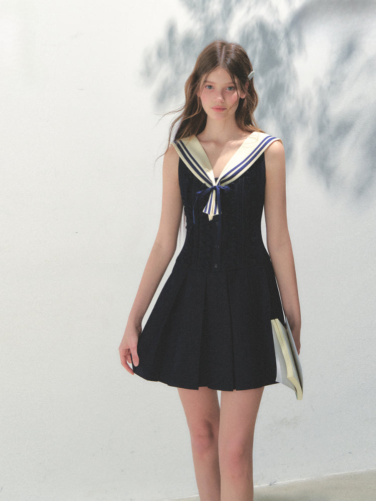 Detachable Sailor-collar Pleated Dress - CHINASQUAD