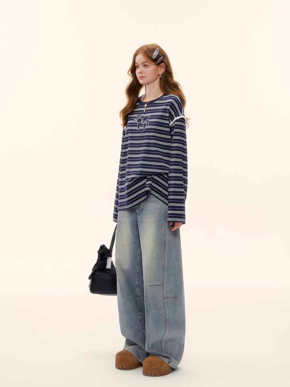 Vintage Washed Curved-Leg Denim Pants