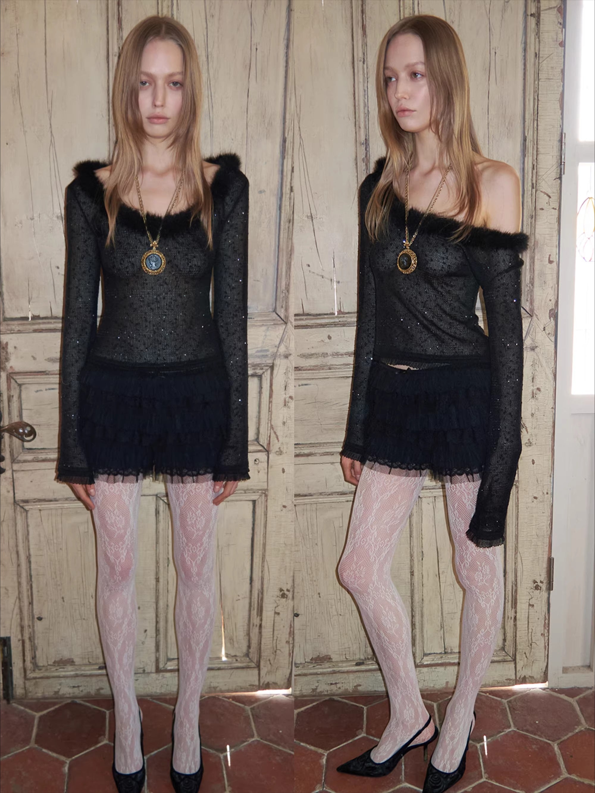 Off-Shoulder Sequin Knit Crewneck