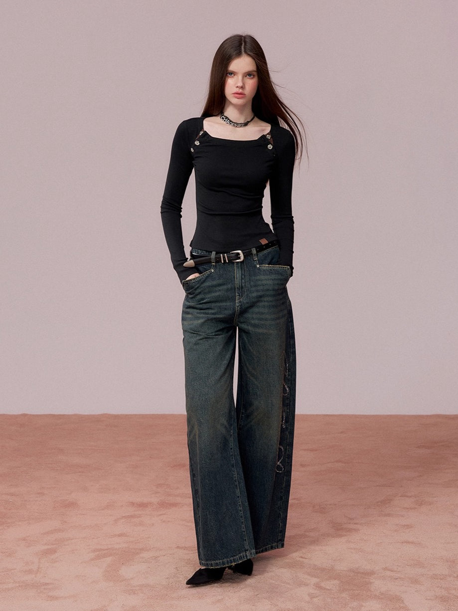 Embellished Rhinestone Vintage Wide-Leg Jeans