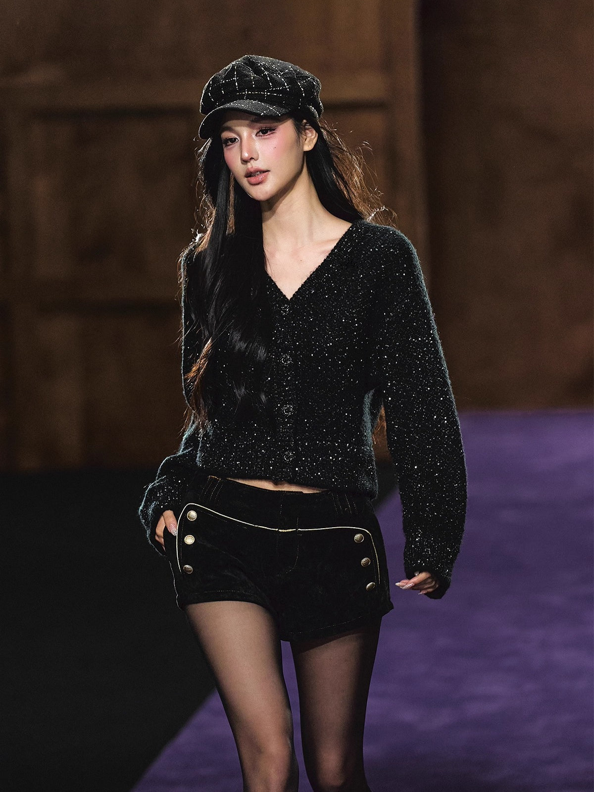 Shimmer V-Neck Sequin Detail Knit Cardigan