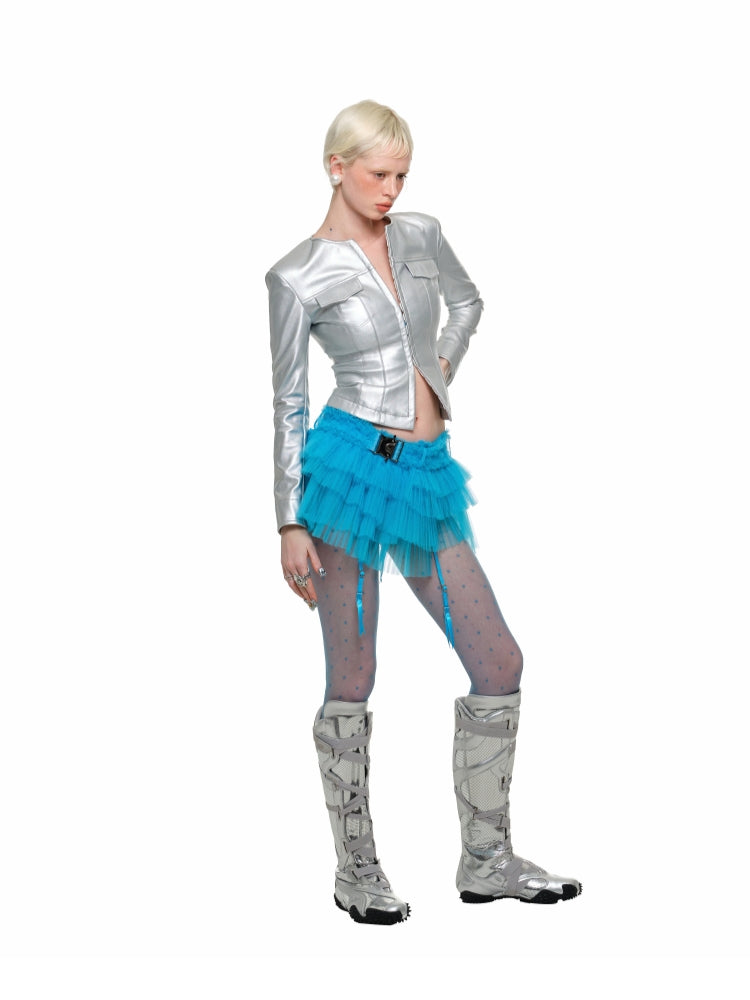 Round Neck Short Leather Jacket - CHINASQUAD