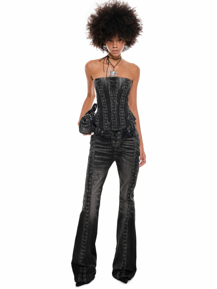 Denim Blue & Black Printed Fishtail Corset - CHINASQUAD