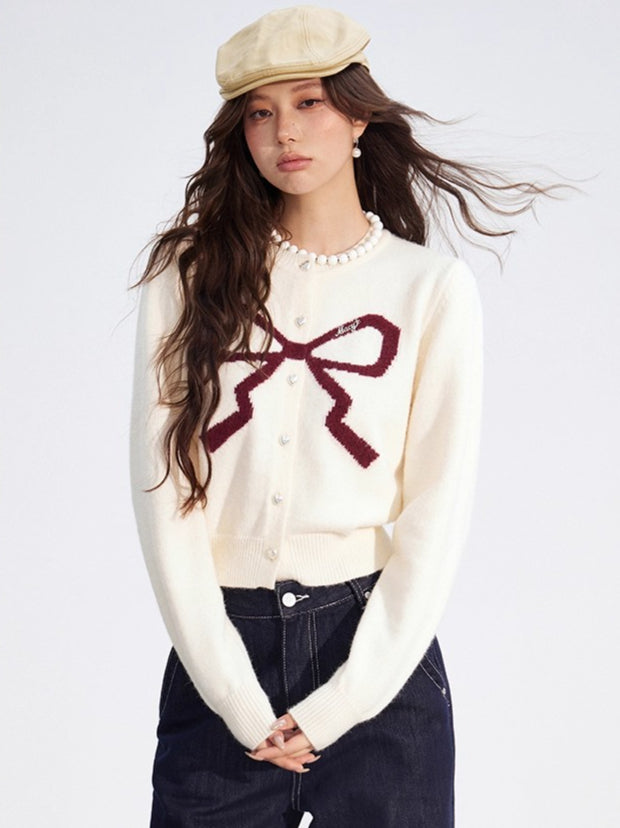 Bow Detail Cropped Knit Cardigan