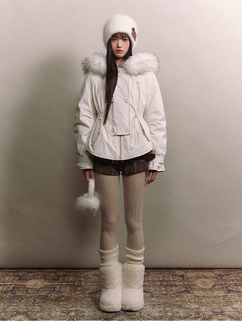 Faux Fur Collar Double-Breasted Down Parka Jacket - CHINASQUAD