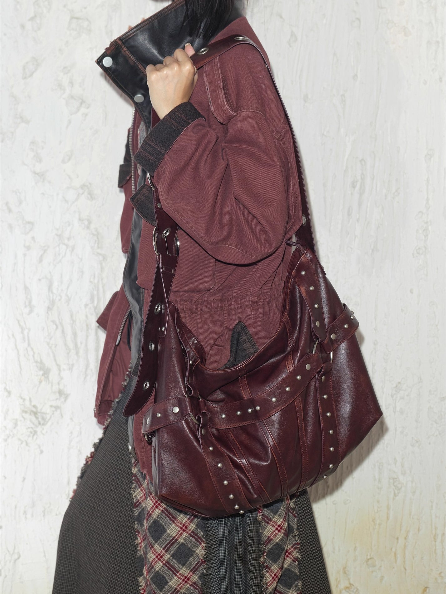 Vintage Studded Wide-Strap Crossbody Bag