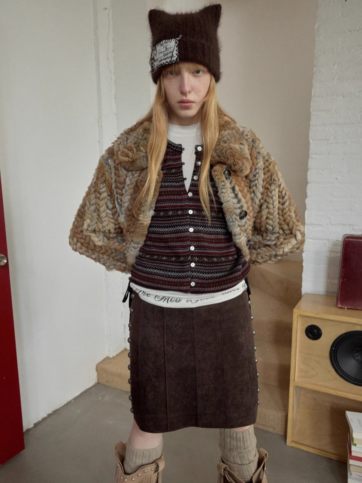 Suede Studded High-Waist Midi Skirt