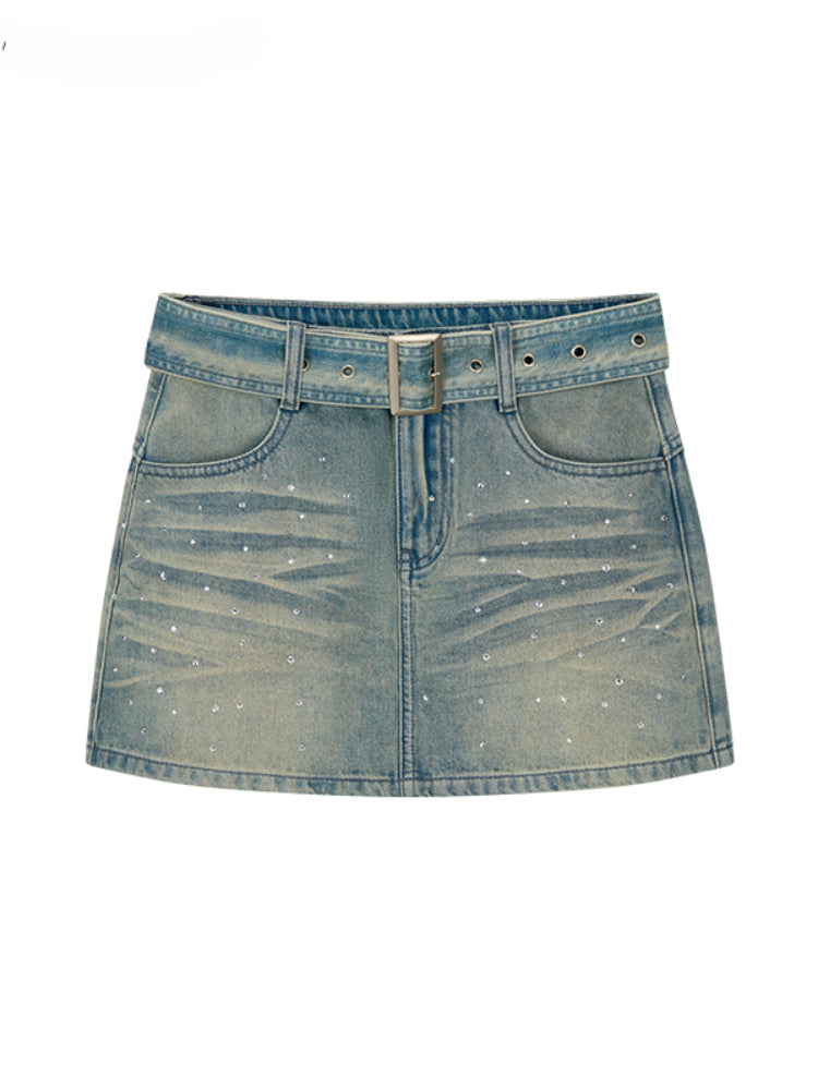 Belted Rhinestone Denim Skirt - CHINASQUAD
