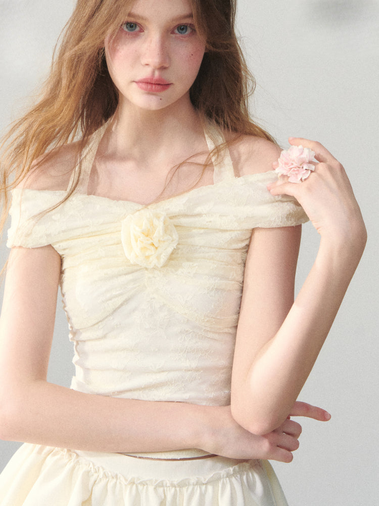 Off Shoulder 3D Flower Lace Short Top - CHINASQUAD
