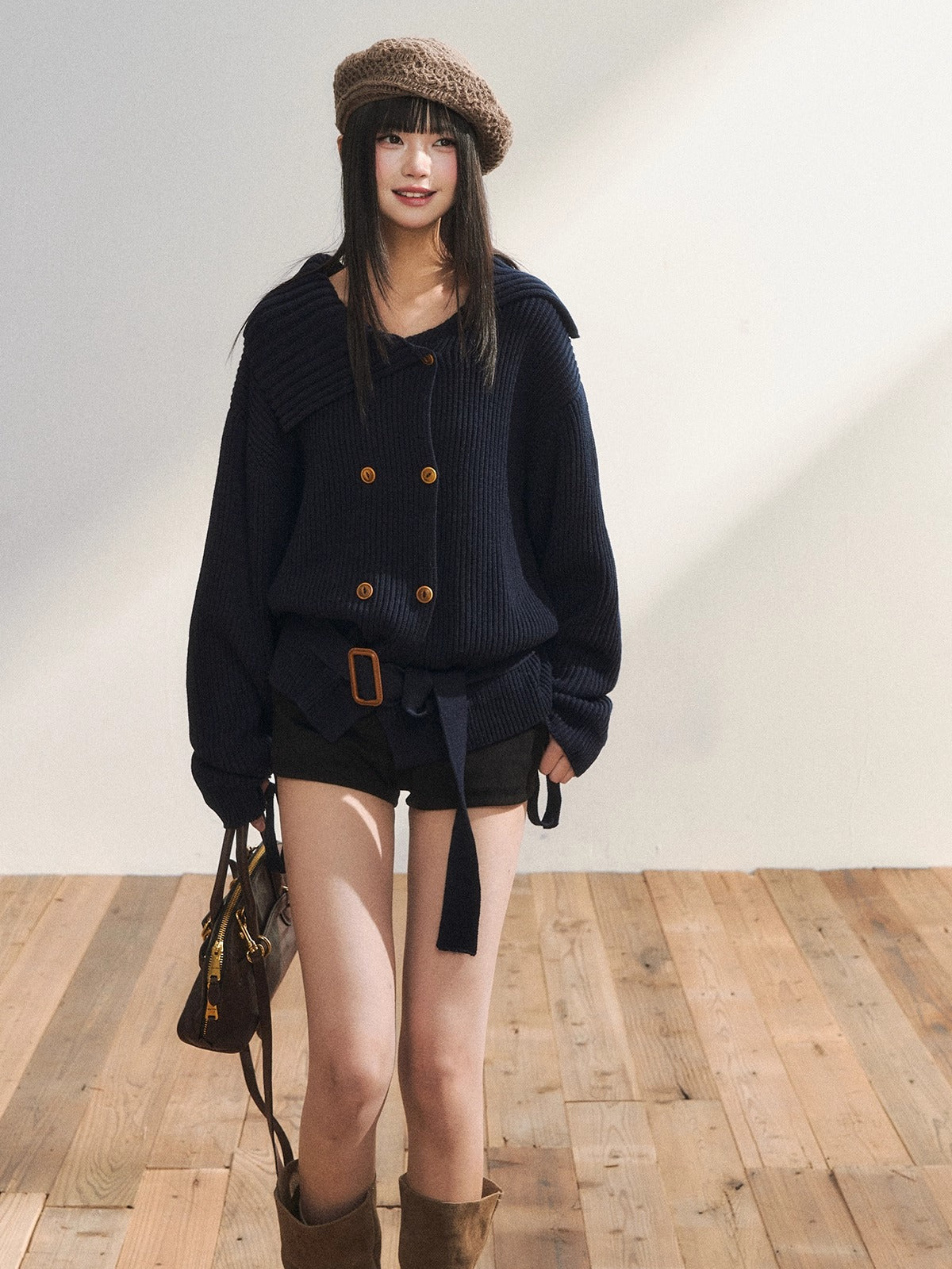 Double-Breasted Belted Knit Cardigan