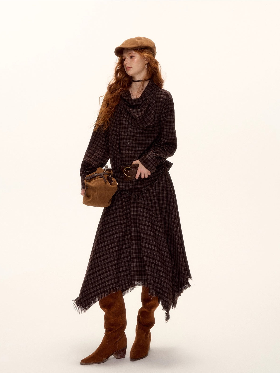 Vintage Plaid Beaded Tie-Scarf Shirt